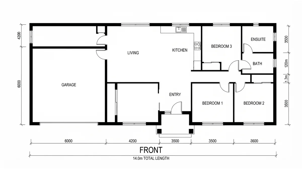 AI generated black and white 2D floor plan of a single storey house, with the front wall along the bottom containing a garage opening, one window, the entrance door and two windows