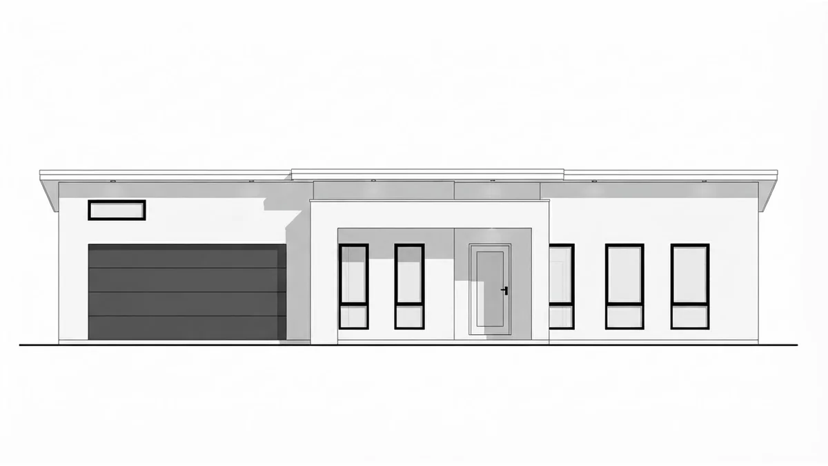 AI generated front elevation from the same floor plan without an opening list, showing two windows left of the door and three to the right instead of one and two