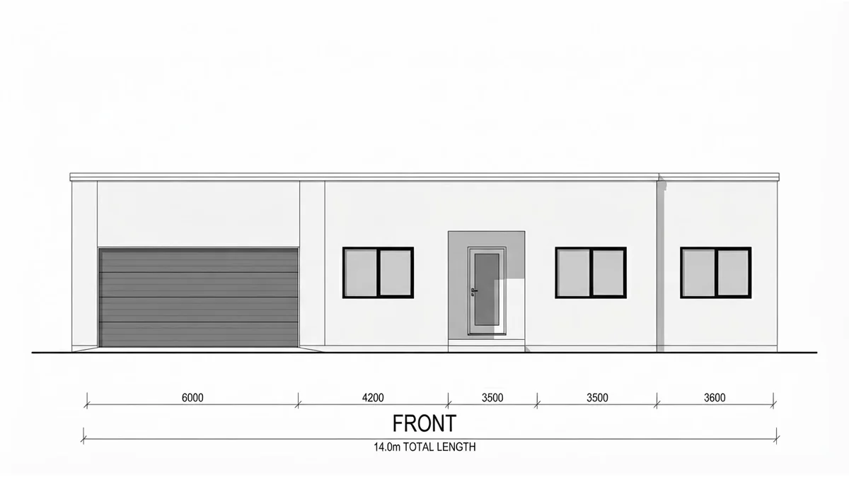AI generated front elevation drawn from the floor plan, showing a garage door, one window, the entrance door and two windows in the correct order with the plan dimension chain carried across