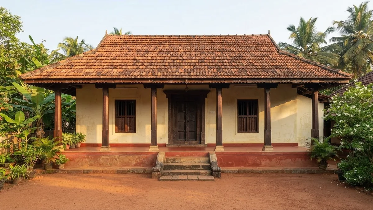 AI generated front elevation of a traditional South Indian house with a sloping Mangalore tile roof, deep verandah with timber columns and cream lime washed walls