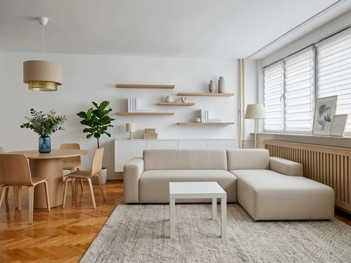 House flip living room staged in warm minimalist style with cream modular sofa, white credenza, oak floating shelves, and neutral textiles on herringbone parquet floor