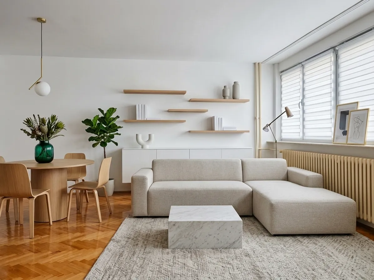 House flip living room staged in modern minimalist style with grey modular sofa, marble coffee table, brass pendant light, and oak dining set on herringbone parquet floor
