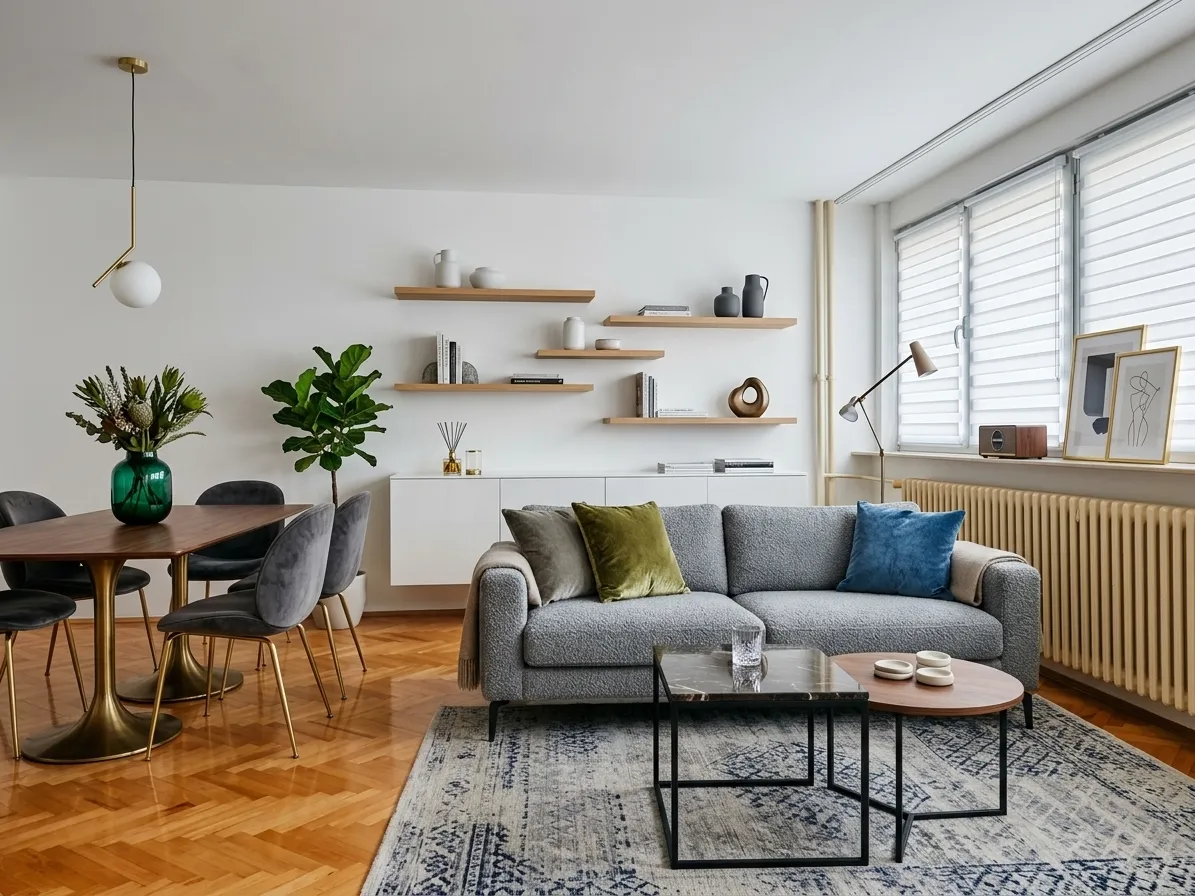 House flip living room staged in contemporary style with grey fabric sofa, industrial nesting coffee tables, blue accent cushions, and dark round dining table on herringbone parquet floor