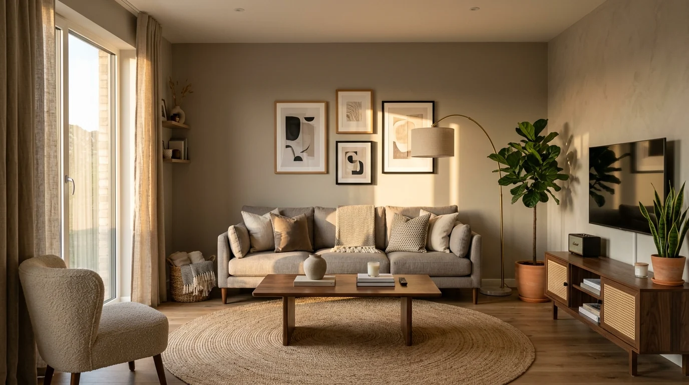 A fully furnished mid-range 2026 living room bathed in warm afternoon sun with long soft shadows, showing a warm-gray sofa, walnut coffee table, round jute rug, arched floor lamp, boucle accent chair, media console, framed art, and plants, an aspirational but attainable furnished result