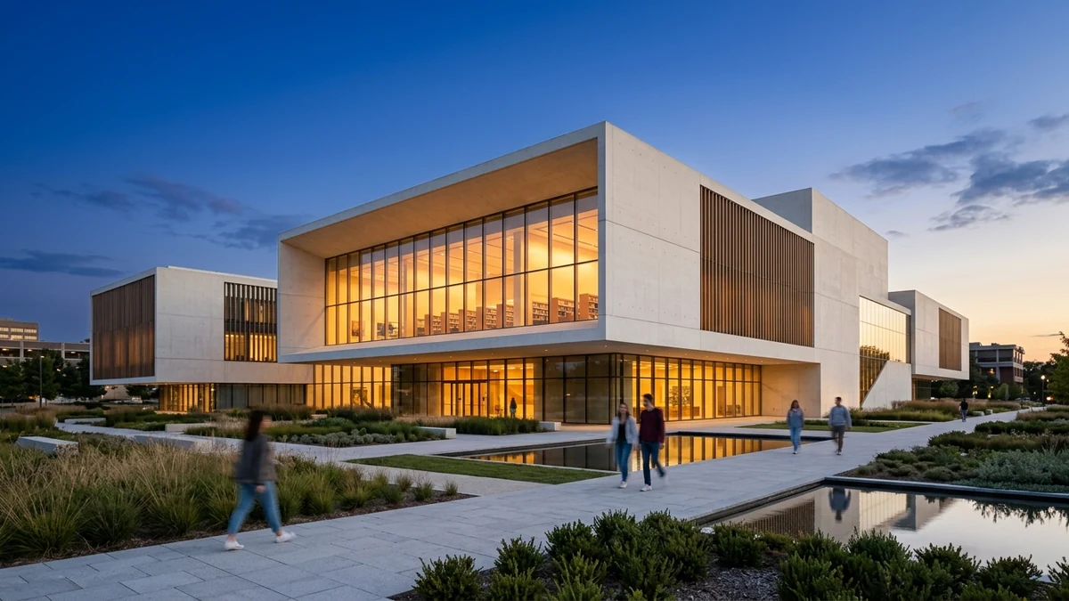 A polished blue-hour architectural visualisation of a modern concrete-and-glass cultural building with glowing interior lights, the kind of client-ready render an architect presents in a pitch