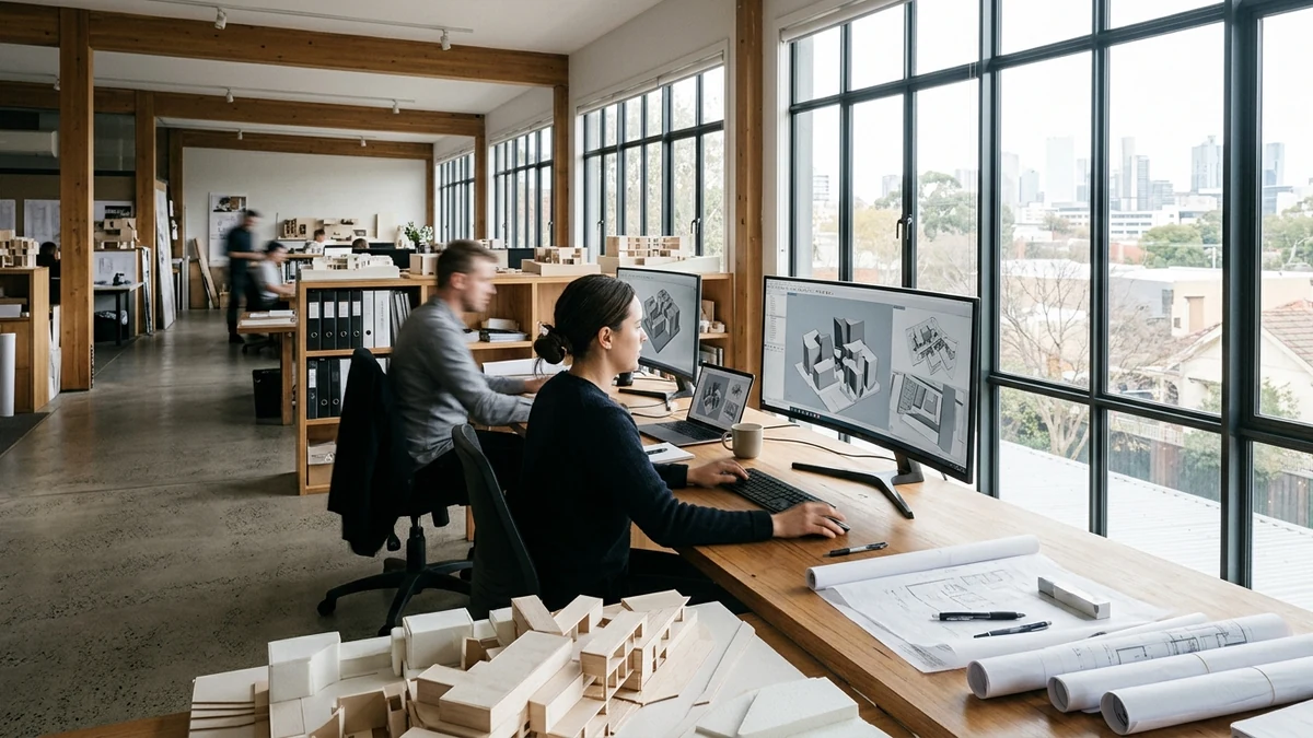 A modern architecture studio with architects working at timber desks, large monitors showing 3D massing models, physical study models and rolled drawings