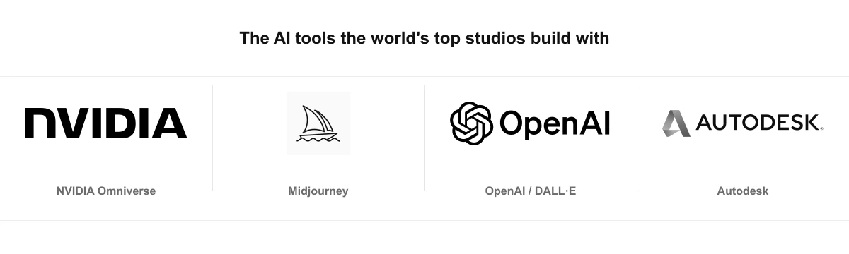 Logos of the AI tools the world's top studios build with: NVIDIA Omniverse, Midjourney, OpenAI and DALL-E, and Autodesk