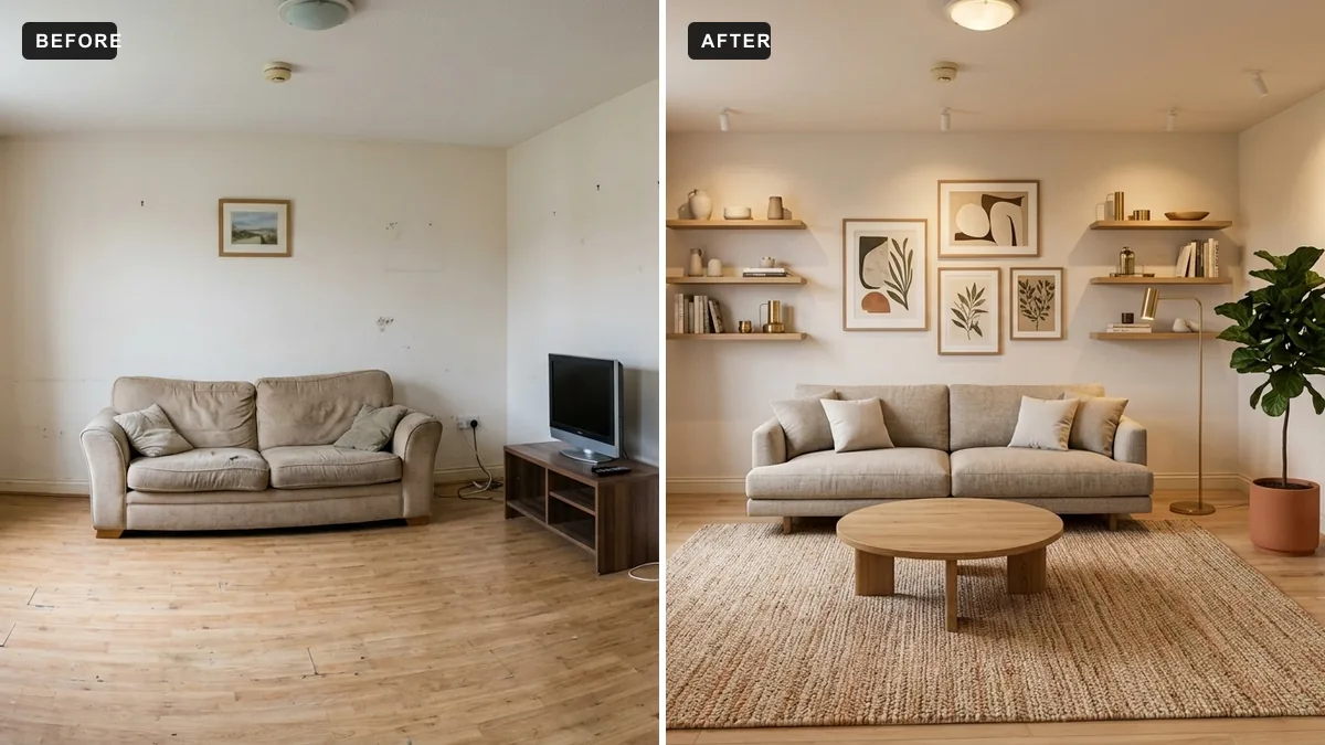 Before and after: a real, dated, sparsely furnished living room on the left, and the same room kept identical in structure but restyled into a warm modern interior on the right, generated with AI from a single photo