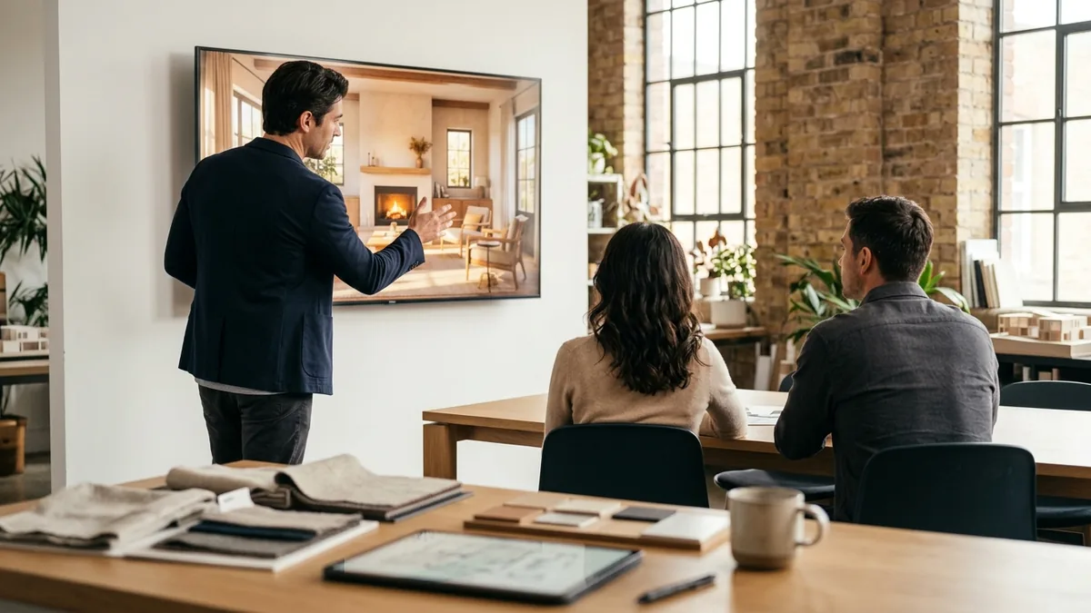 A small-studio designer presenting a photorealistic interior render to two seated clients on a large screen, with fabric and material samples on the table, a winning pitch moment