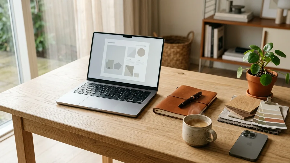 A tidy small design studio desk with an open laptop showing a clean document layout, a phone, a notebook, material samples and a coffee, representing automating studio admin with AI