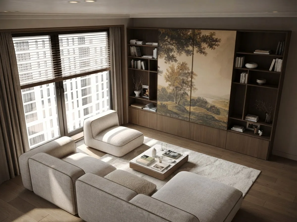 Cream modular sofa beside tall windows and a painted mural panel in warm daylight