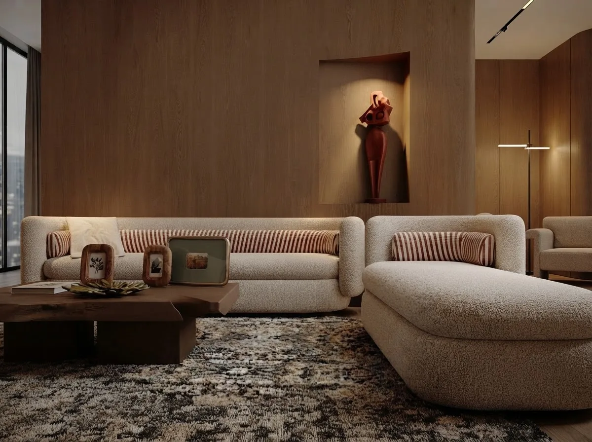 Two cream sofas facing a low coffee table in a panelled room, the deep seat cushions visible in profile