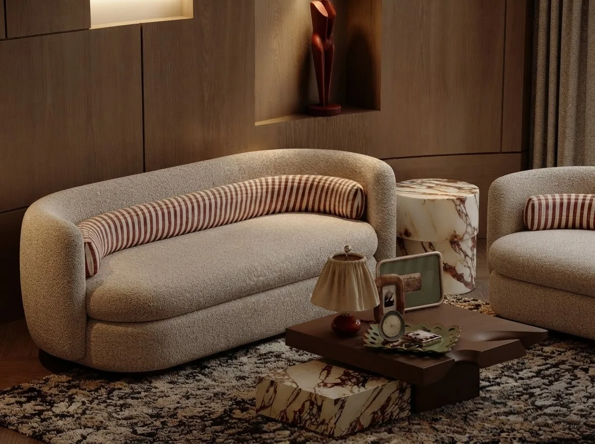 Curved boucle sofa and striped armchairs in a warm lamplit lounge, showing the deep foam cushions that hold moisture