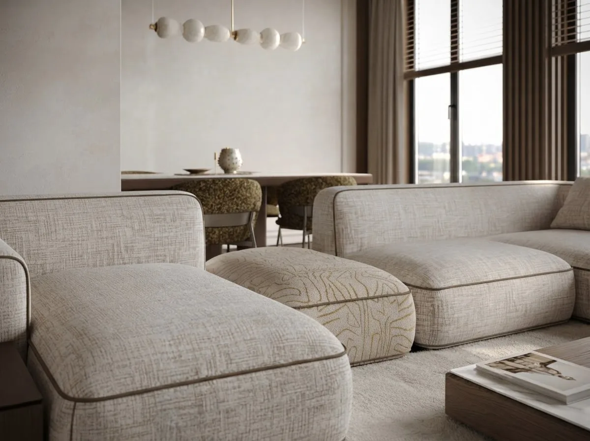 Pale sectional sofa in a bright apartment living room, the kind of light-coloured upholstery where the cleaning code matters most