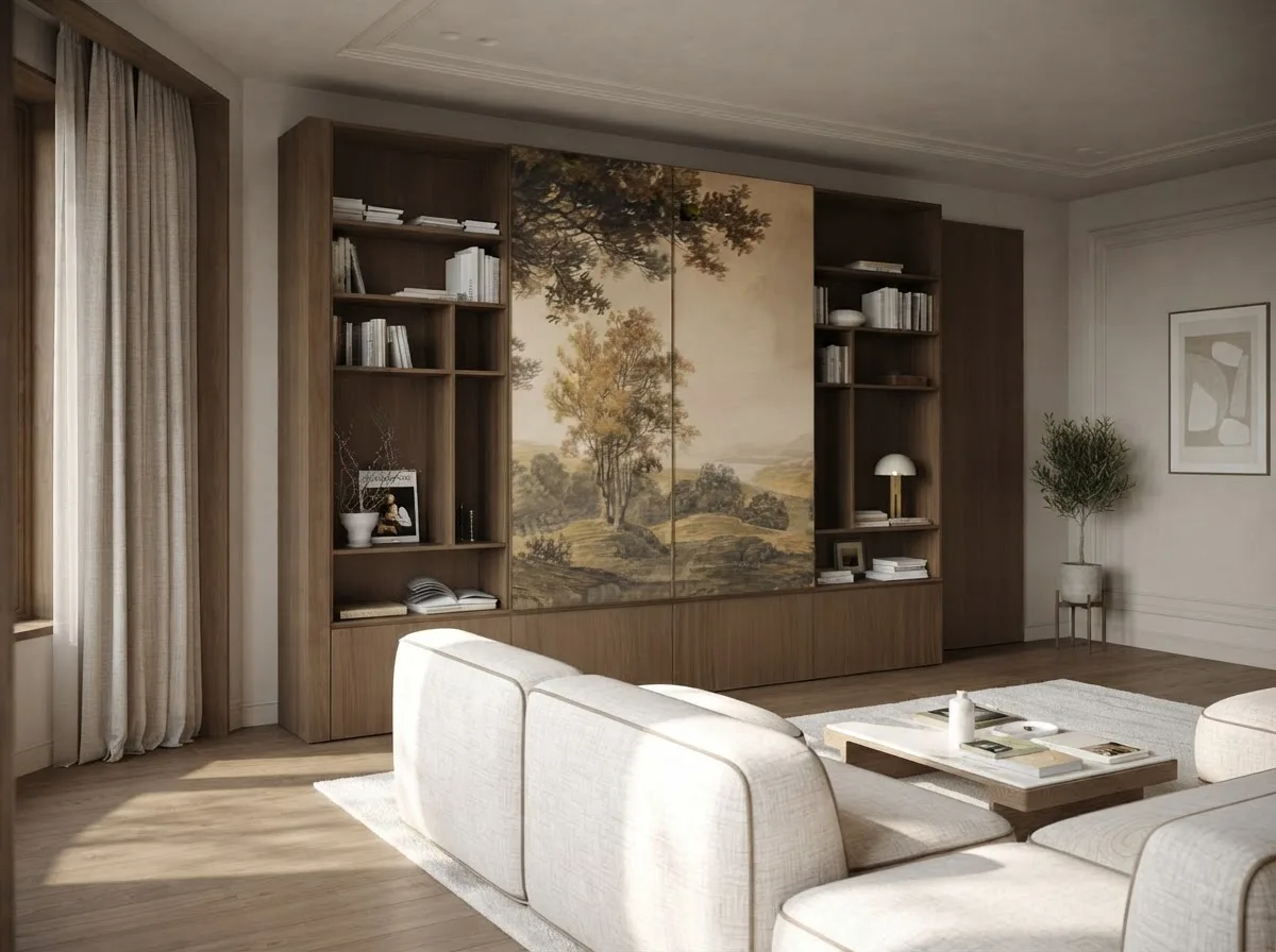 Pale sofa in front of a built-in bookshelf and a landscape mural, generated in the MeltFlex room designer