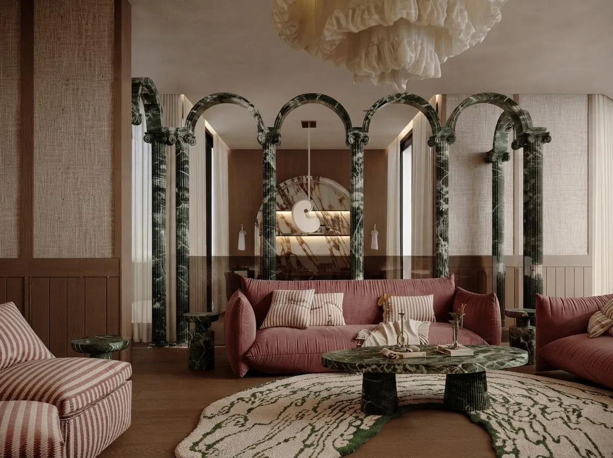 Pink striped sofas under arched windows on a round rug, a piece worth cleaning rather than replacing