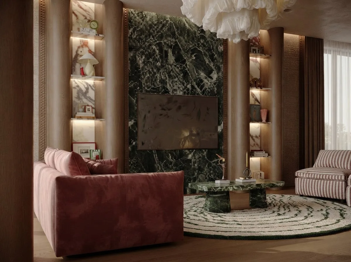 Deep red velvet sofa against a green marble wall, a pile fabric that crushes permanently if it is rubbed in circles