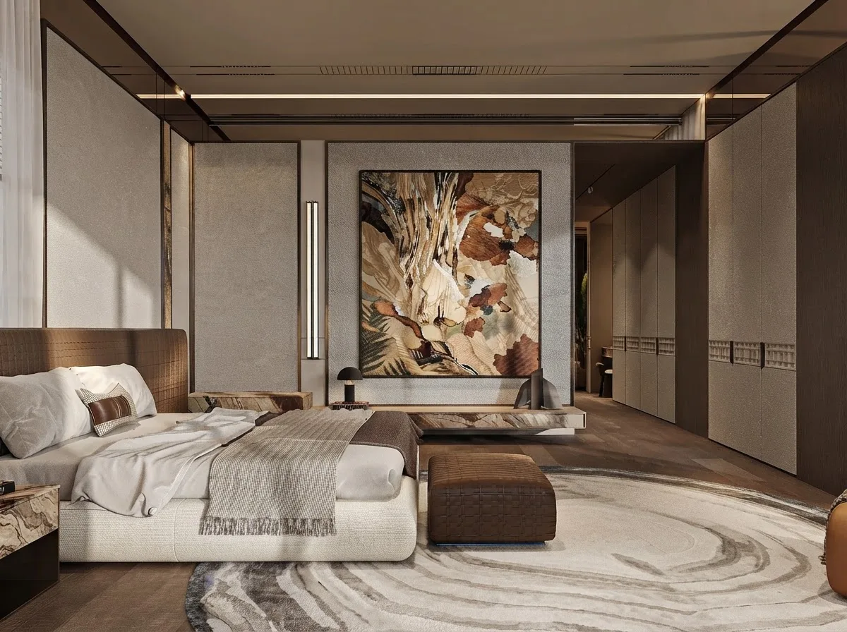 Made bed with a bench at its foot in a long bedroom, the room ventilation that mattress drying depends on