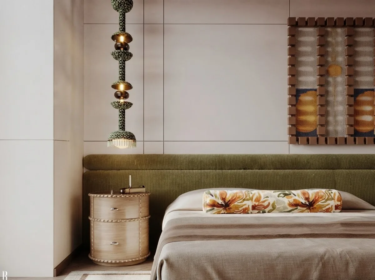 Close view of pale bed linen and a green headboard, the sweat and body oil contact zone that yellows over years