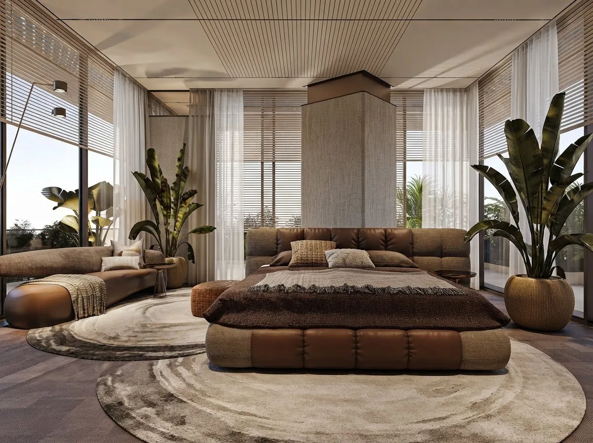 Bedroom with a dark quilted bed on a round rug beside floor-to-ceiling windows and planting