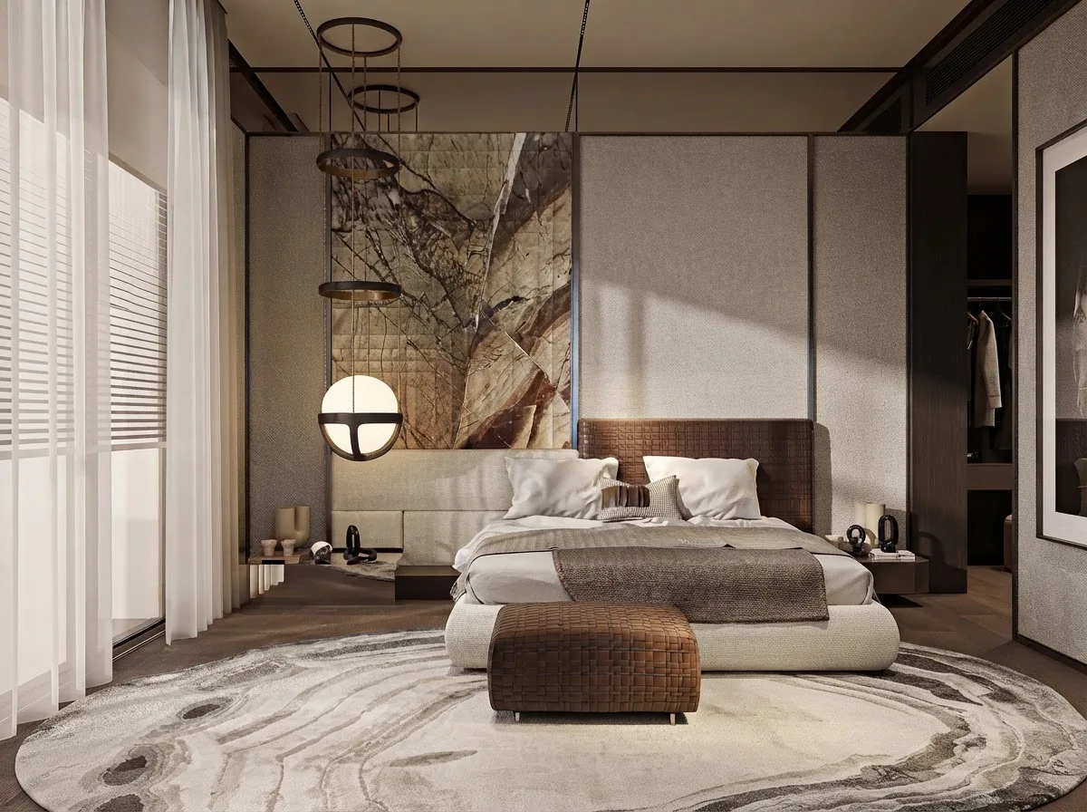 Low platform bed with pale bedding under a stone feature wall, sheer curtains letting daylight across the mattress