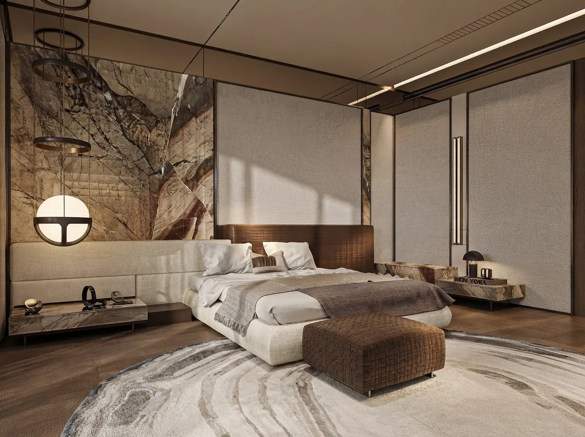 Wide master bedroom with an upholstered headboard against stone, the full depth of the mattress visible from the side