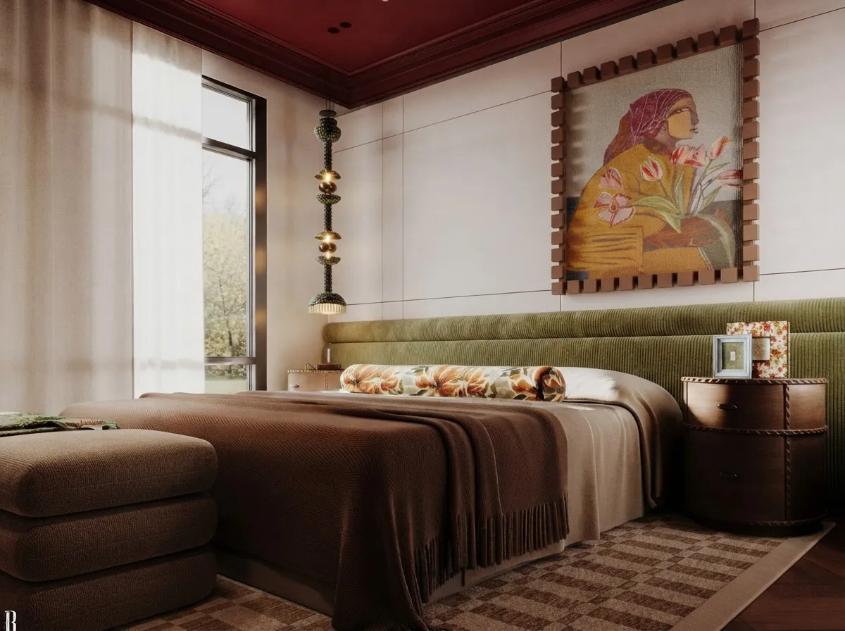 Bedroom with a brown throw folded across the foot of the bed, generated in the MeltFlex room designer