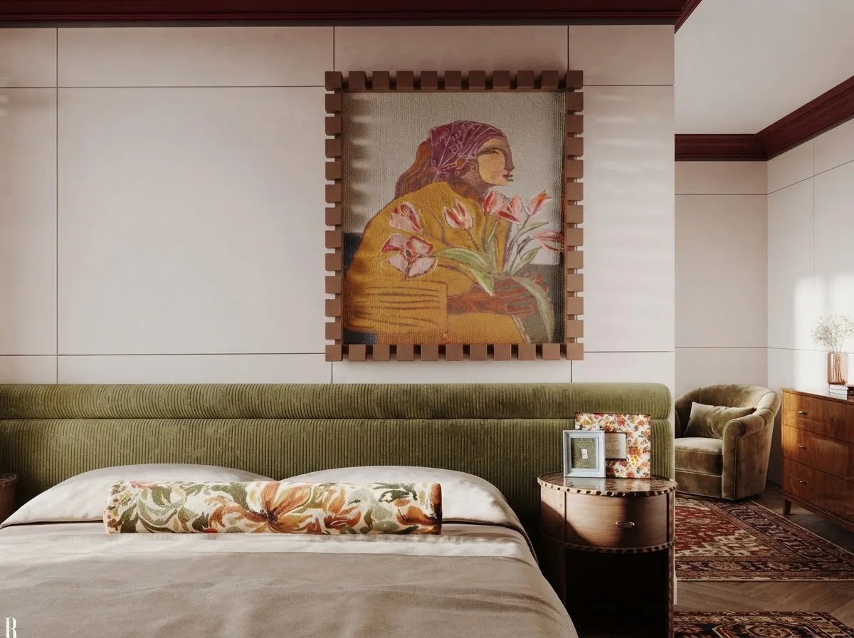 Bedroom corner with an armchair beside the bed, framed art above a green headboard