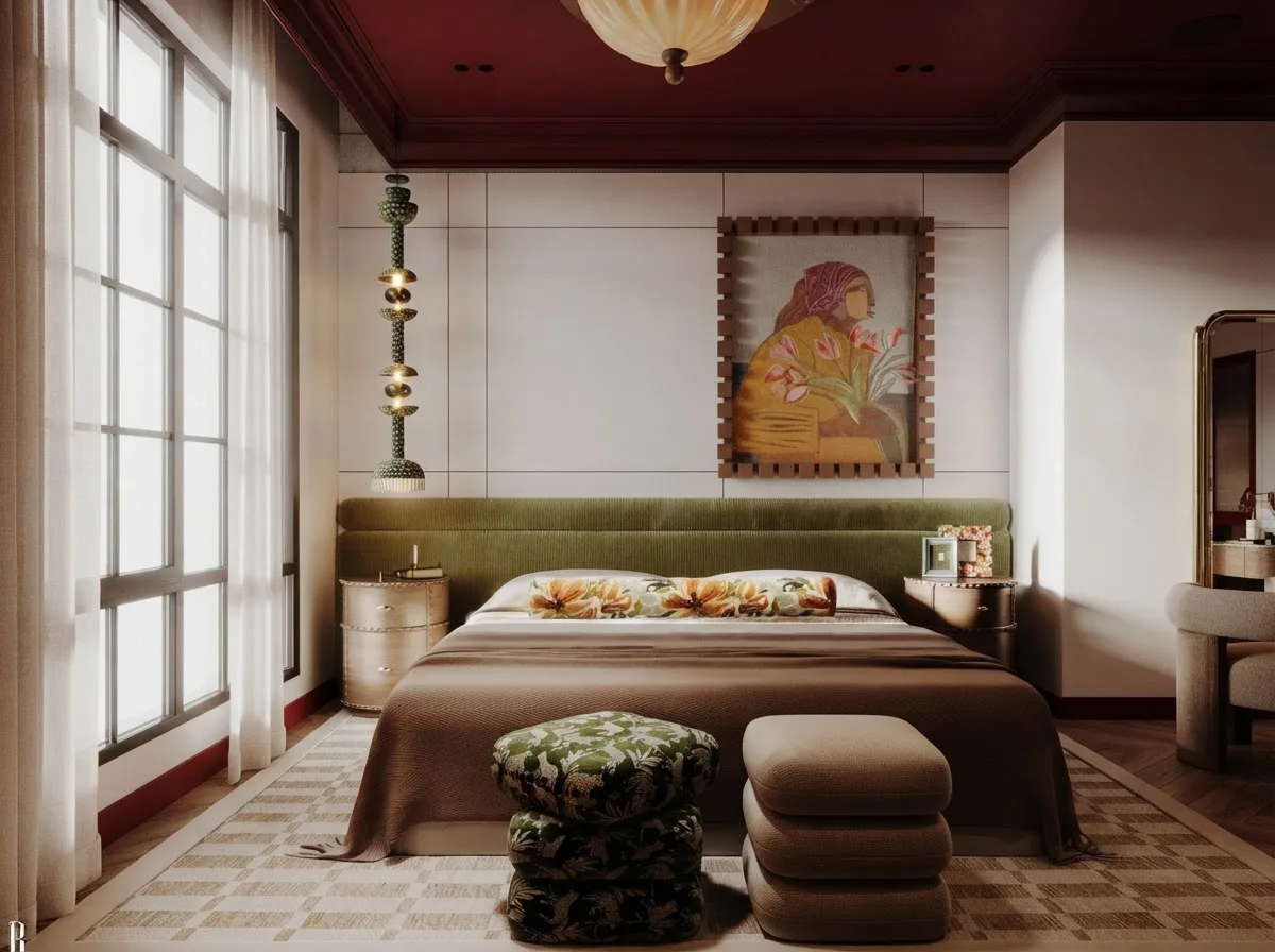 Bed with a green velvet headboard and a burgundy ceiling, daylight from a tall window on the left