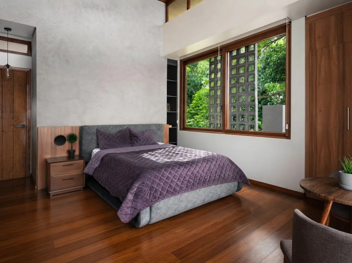 Bedroom window with a pale blind raised above a timber frame, showing the headrail the cords run into