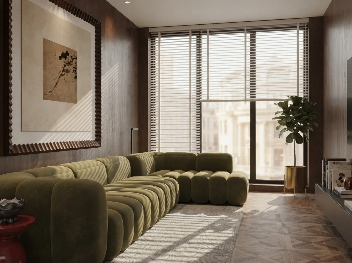 Green sofa in front of full-height windows with a roller blind and venetian slats above