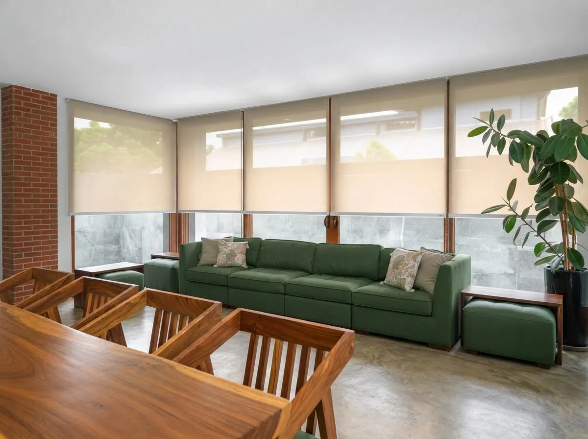 Open-plan living and dining room with roller blinds pulled halfway down a wall of windows