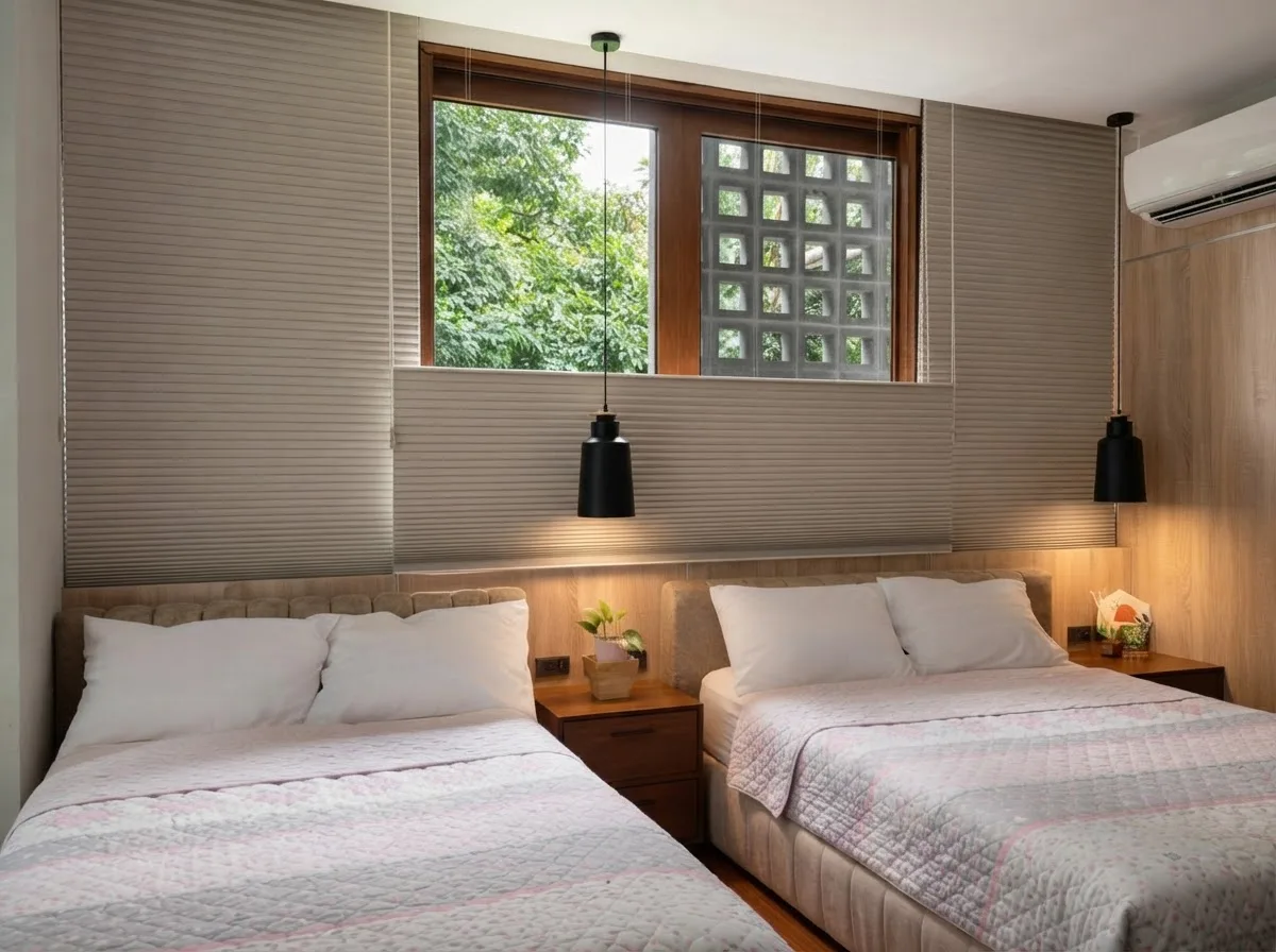 Twin beds under a small window with a fitted shade, generated in the MeltFlex room designer