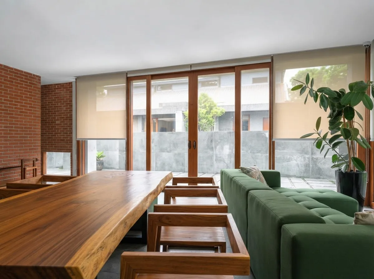 Dining table beside timber-framed windows with roller blinds, the mechanism mounted inside the reveal