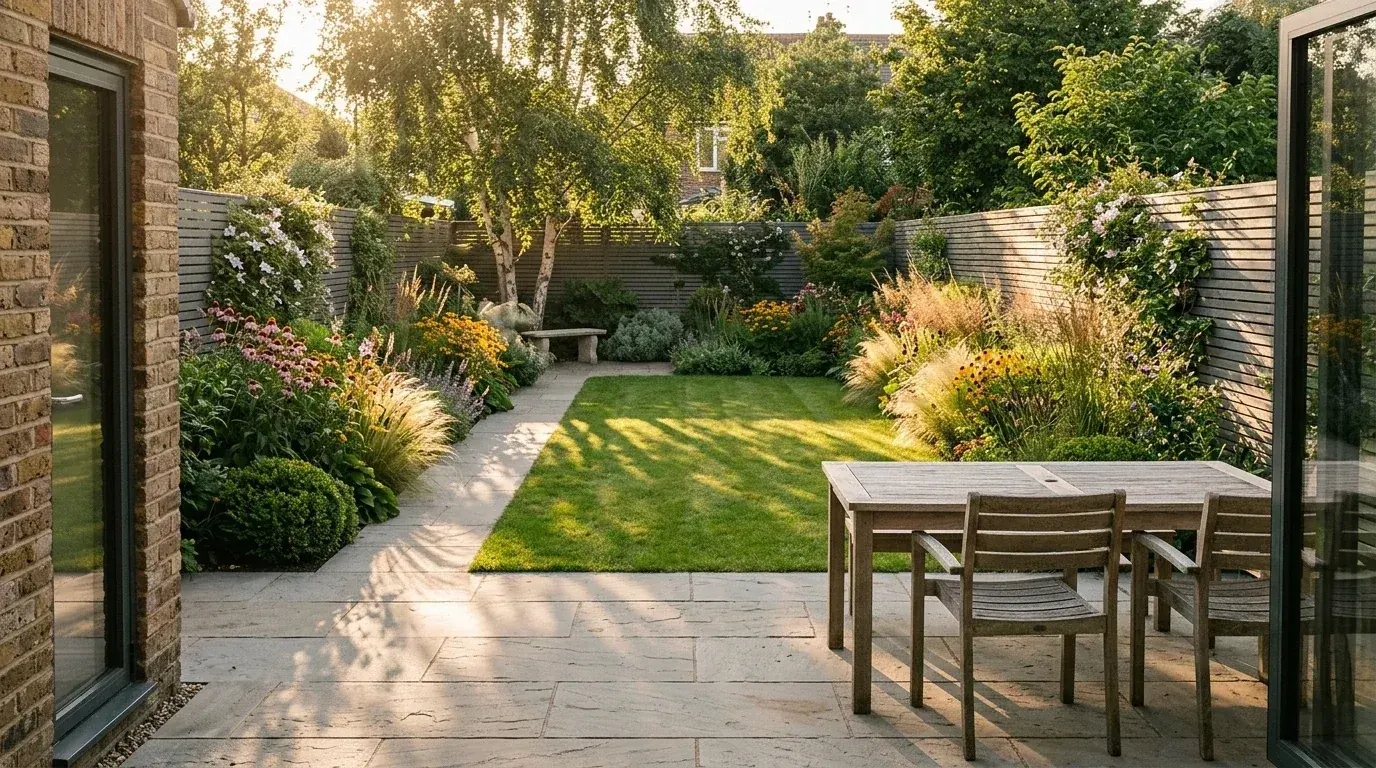 The same garden fully mature in late summer, with full layered borders of grasses and perennials, a neat lawn and a small tree at the far end in warm evening light