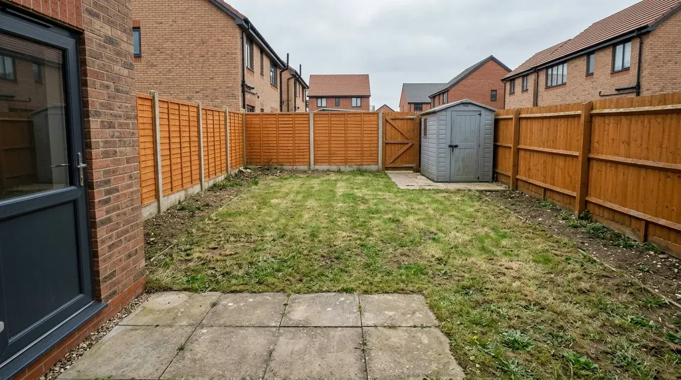 An undesigned new-build back garden with a large rectangle of patchy worn lawn, a small square of plain concrete slabs by the door, bare soil strips against orange lap panel fences and a plastic shed in the corner
