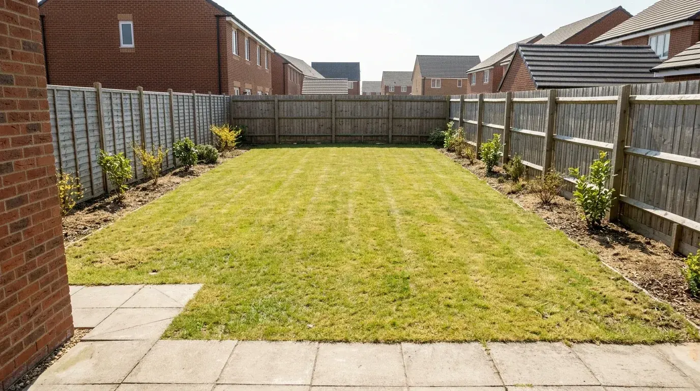 A poorly planned garden with a large empty rectangle of lawn taking up nearly the whole plot, ringed by a thin one foot border with a single sparse row of small shrubs