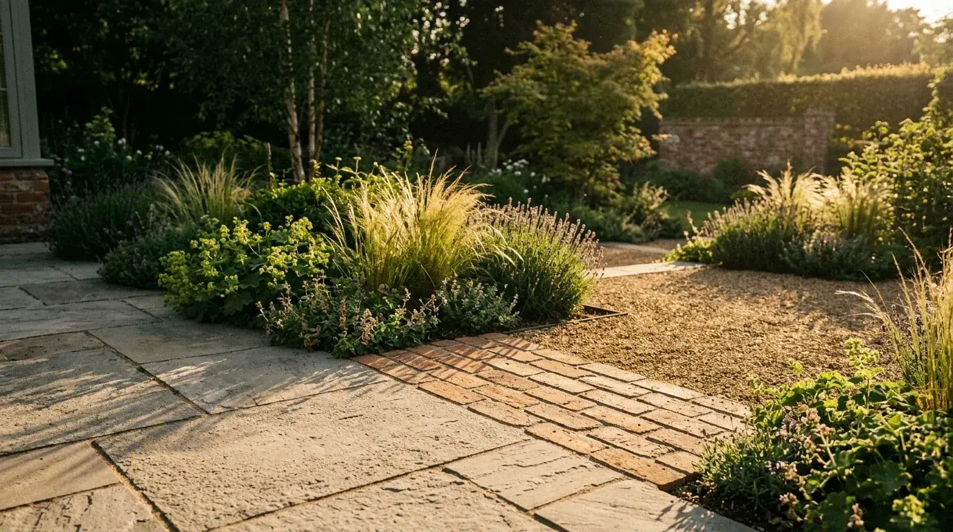 A close detail of a garden terrace where three paving materials meet: large sawn stone slabs, a band of small clay pavers and an area of fine self-binding gravel, with planting spilling over all three edges