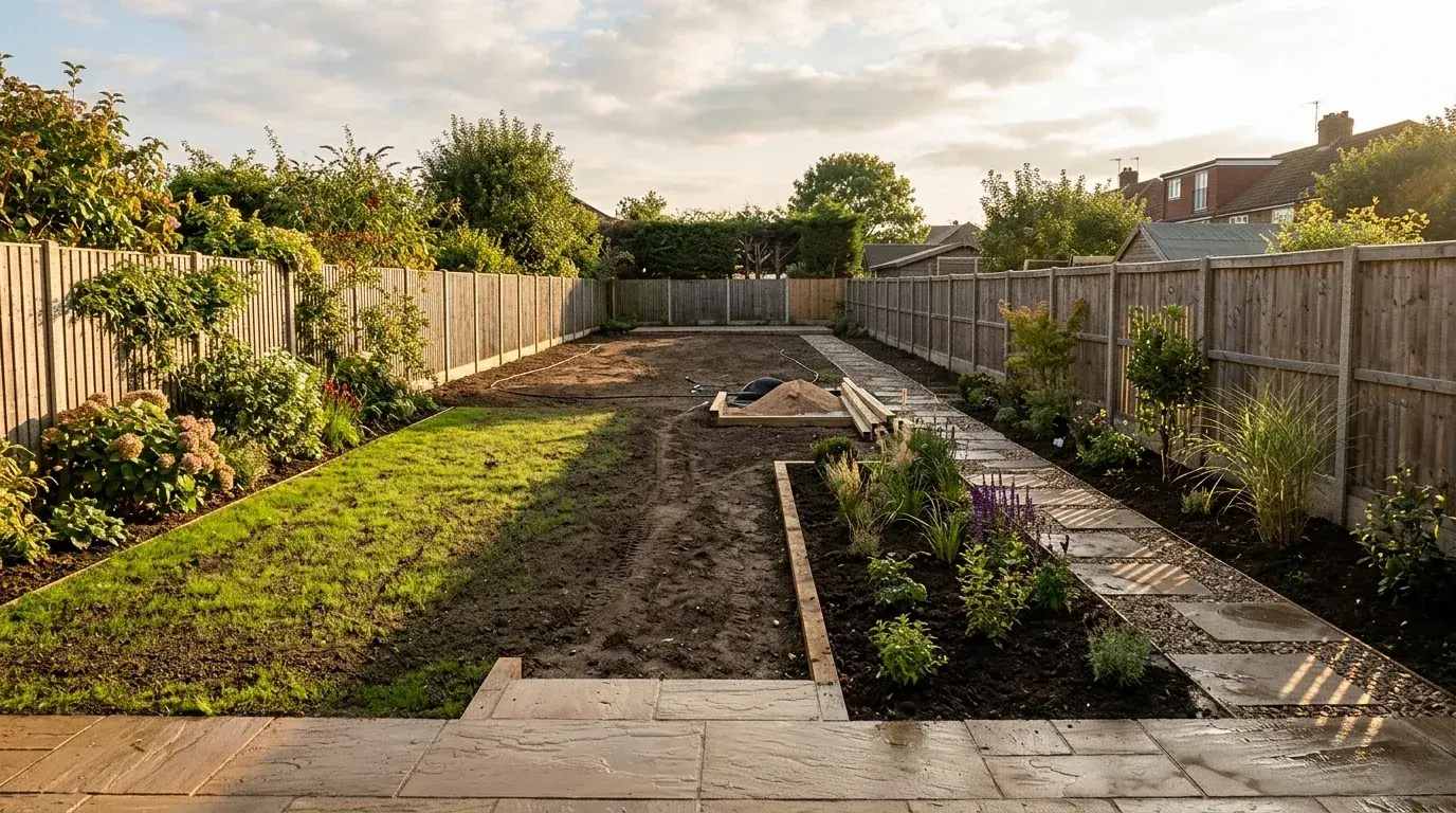 A garden photographed correctly for planning, taken from the back of the house looking straight down the length so both side boundaries, the full depth and the terrace are visible in one frame