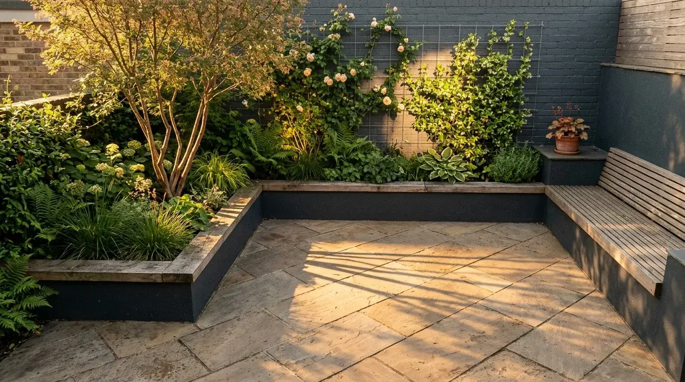 A small courtyard garden with paving laid diagonally, an L-shaped raised bed built into two corners with layered planting, a multi-stem tree, a built-in bench and climbers up a dark painted wall