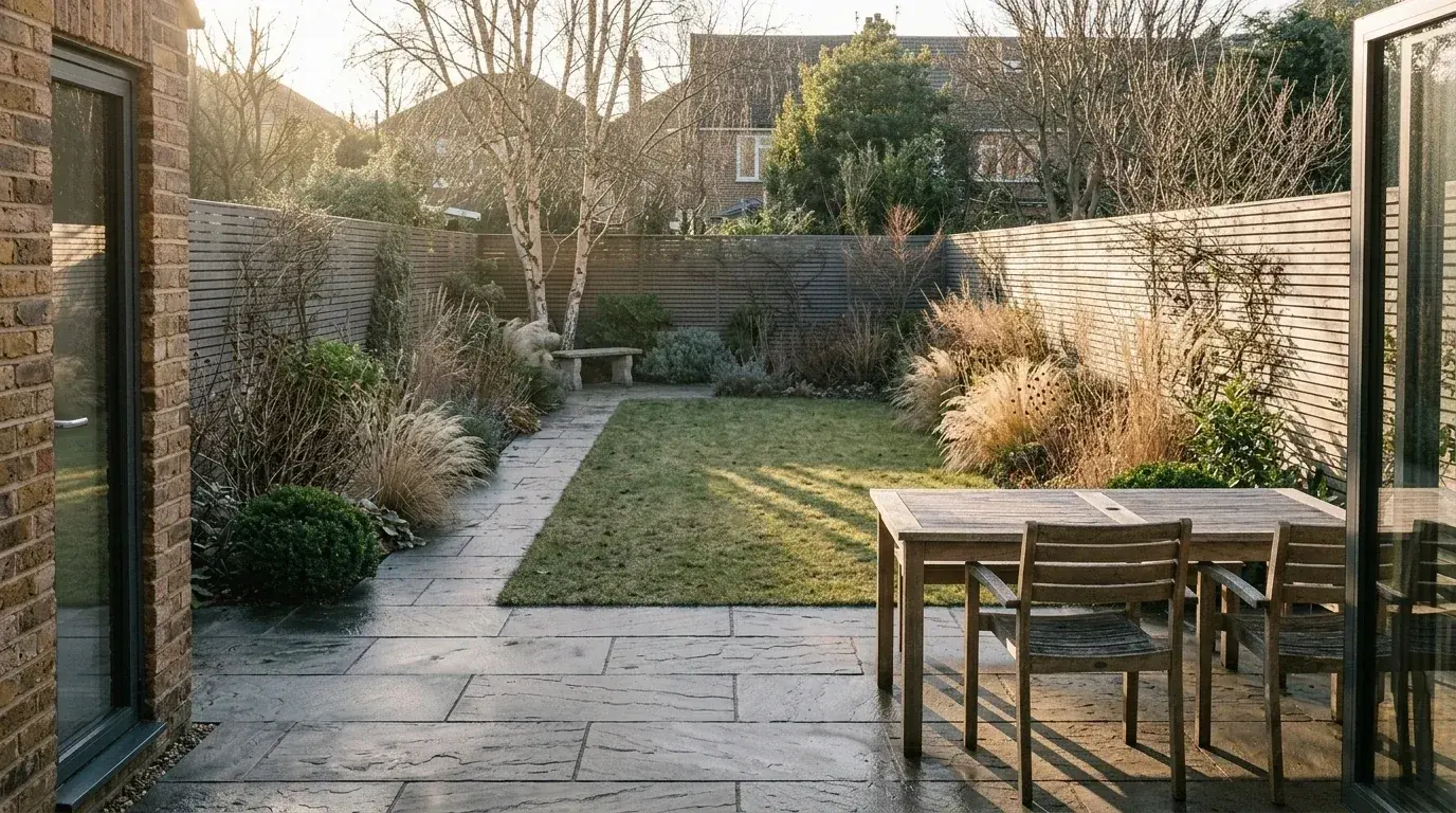 The same garden in midwinter, with perennials cut back, grasses bleached straw-blond, the birch bare showing branch structure, evergreens the only solid green and low cold light casting long shadows