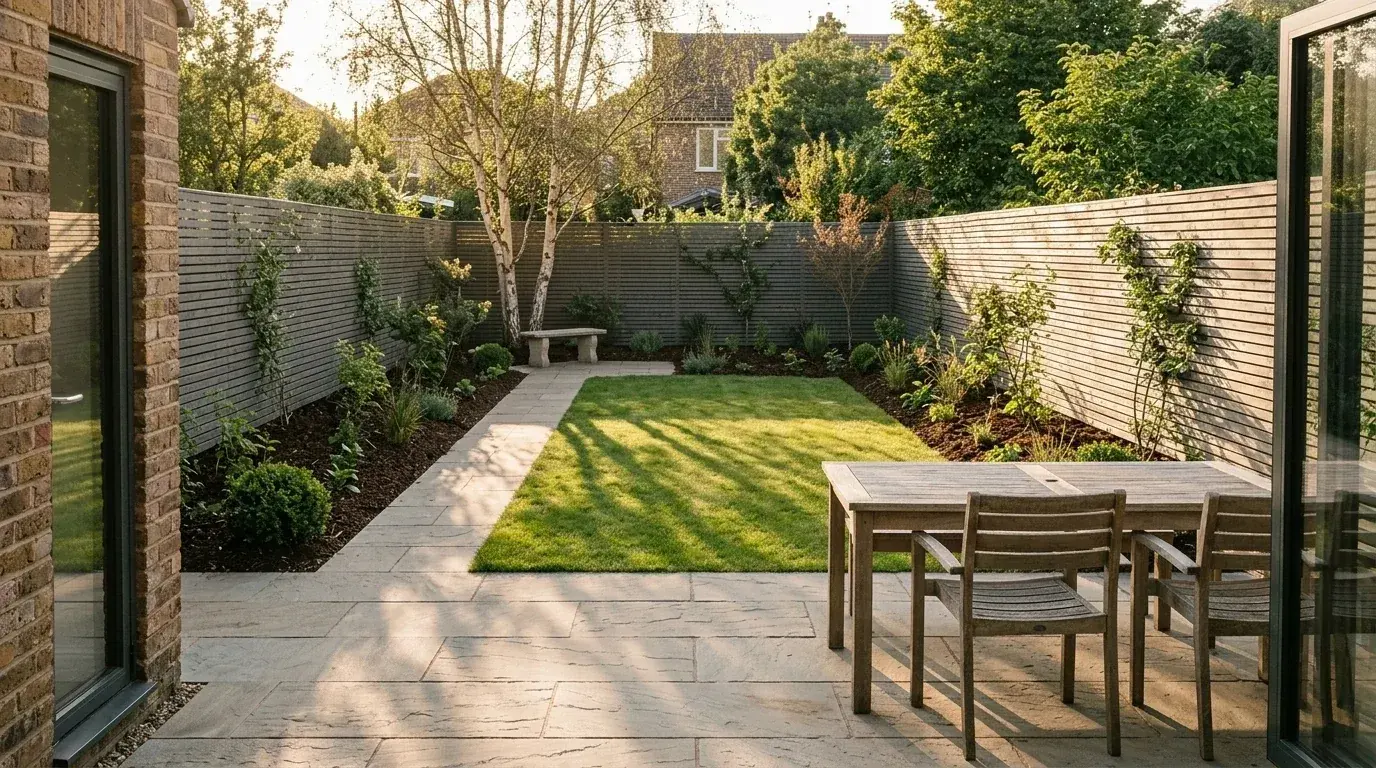 A newly planted garden in its first year, with small widely spaced plants and large visible areas of bare dark mulch between them, the paving and fence already finished