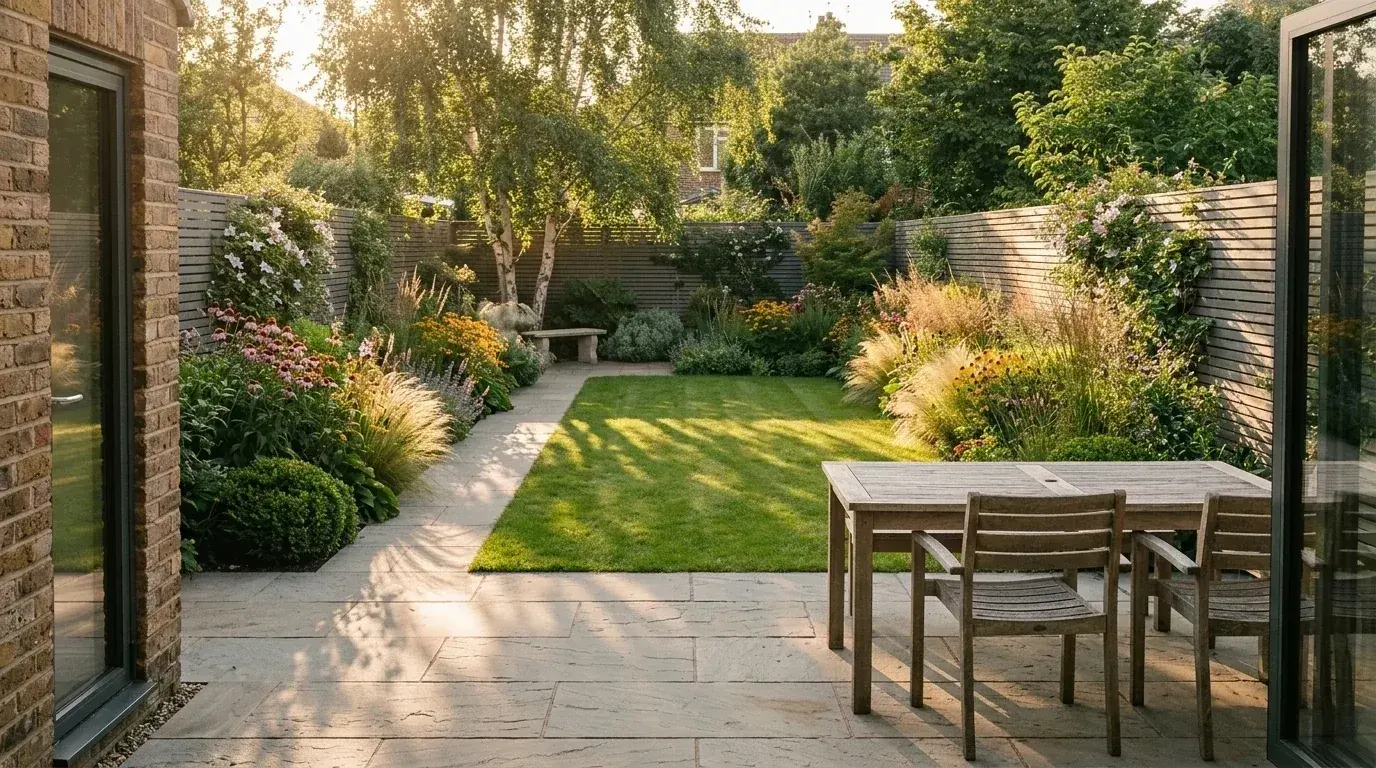 The same garden in year three, with plants grown together so the beds read as continuous planting and only small patches of mulch showing at the front edge