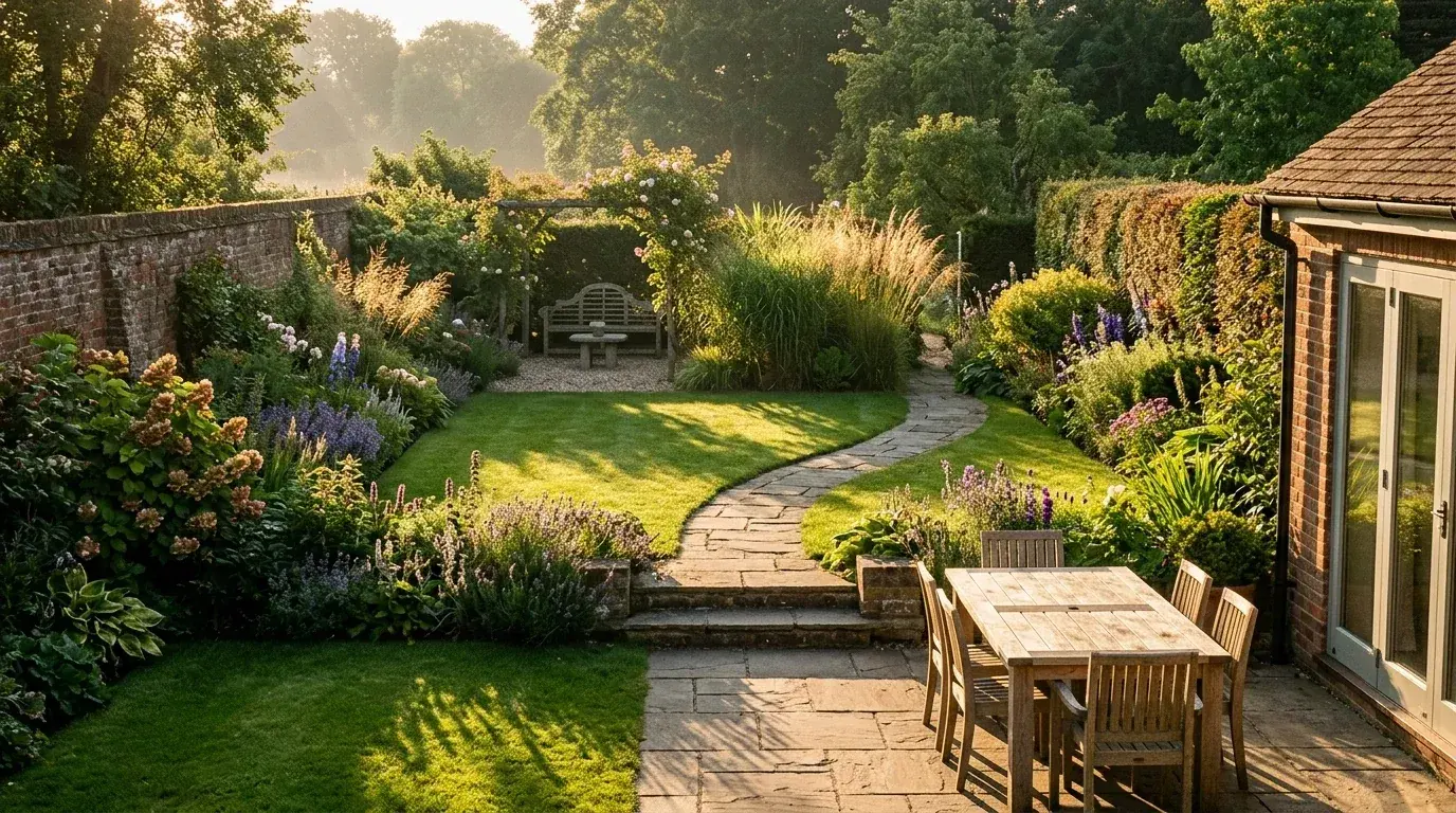 A garden organised into three zones: a paved dining terrace near the house, an open lawn framed by deep borders in the middle, and a separate gravel seating area with a bench at the far end partly screened by tall grasses