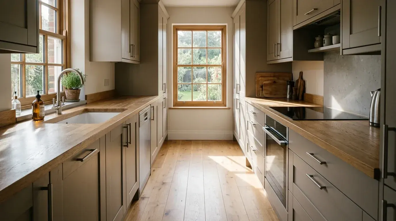 A galley kitchen with two parallel runs of warm greige cabinetry facing each other, a window at the far end throwing a bright shaft of light down the centre walkway