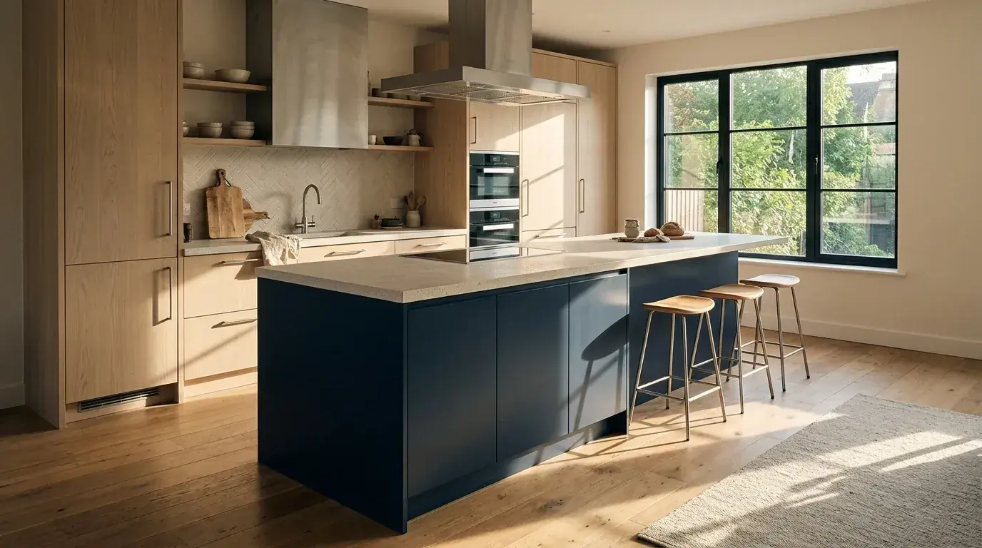 An open plan kitchen with a deep navy island holding the hob and three stools at a seating overhang, low afternoon sun casting long shadows of the stools across the floor
