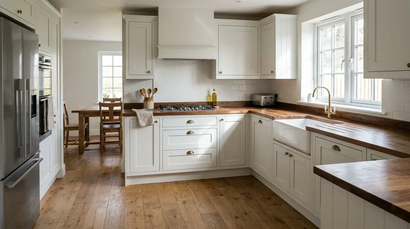 An L-shaped kitchen with soft white shaker cabinets and a walnut worktop, sink under a window on the short run and an open dining area beyond