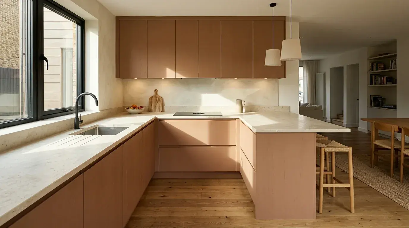 A peninsula kitchen in warm clay-toned cabinets where the worktop turns a right angle and juts into the room, connected to the wall run, with two stools tucked under the overhang