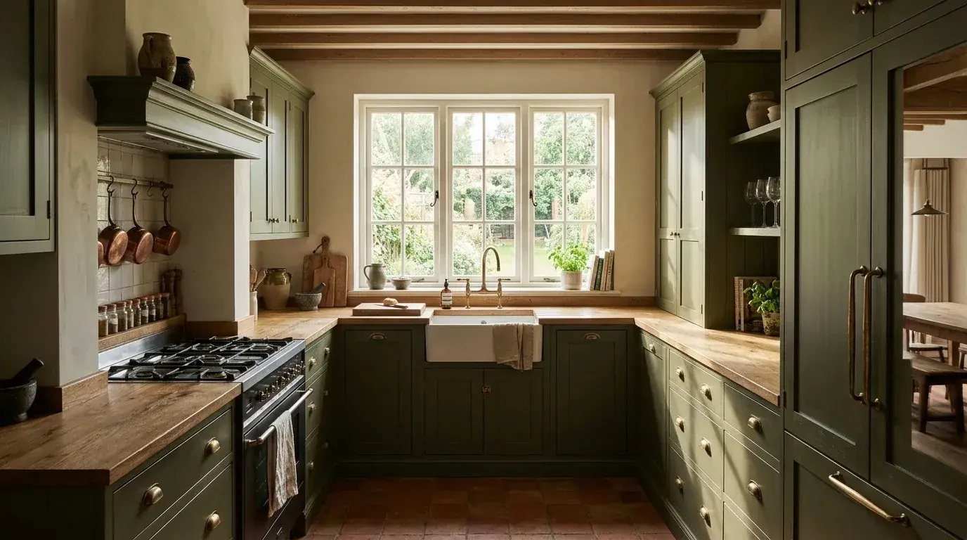 A U-shaped kitchen with deep olive green matte cabinets wrapping three walls, sink centred under a window, daylight washing down both side runs