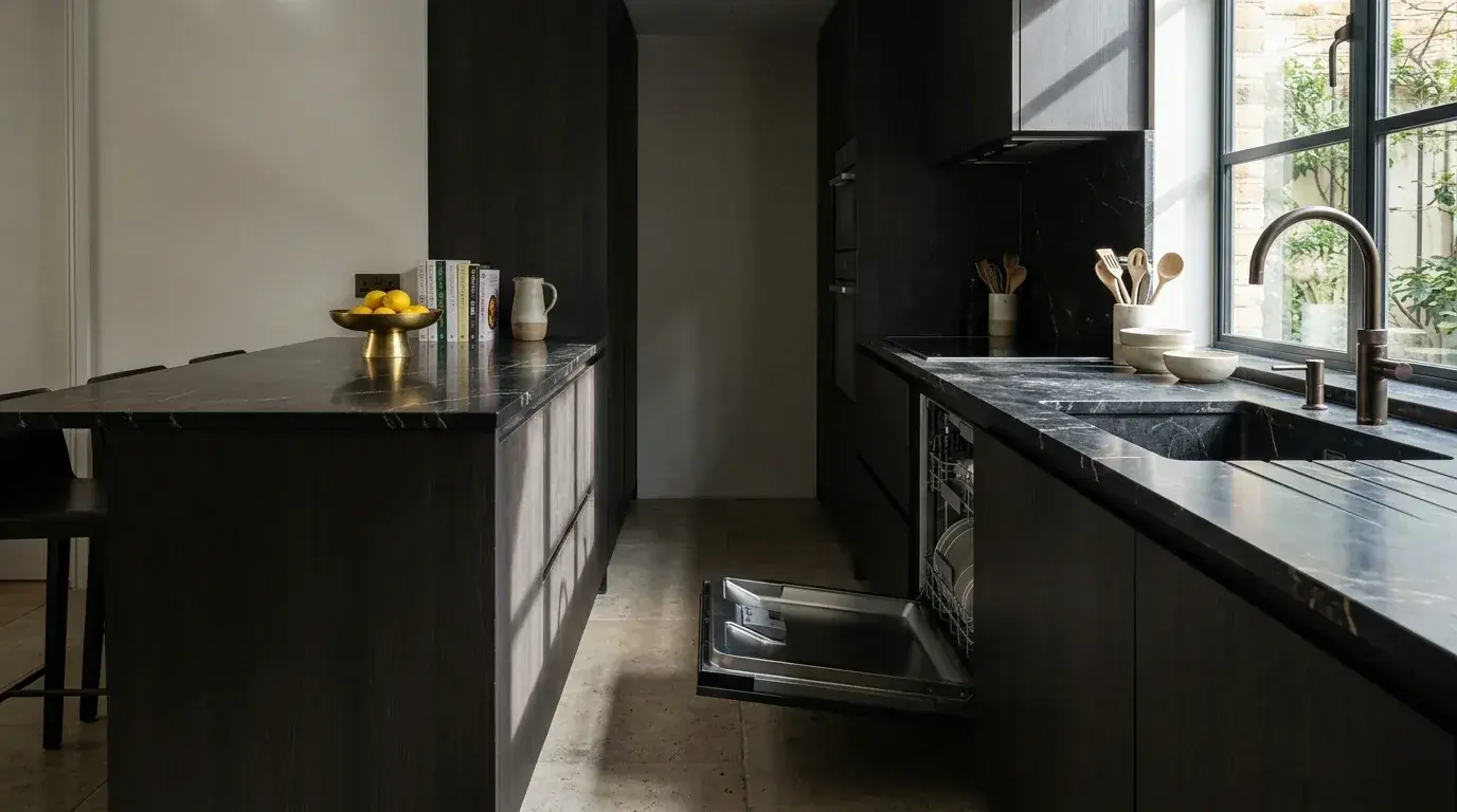 A cramped dark kitchen where an island sits too close to the base units, with an open dishwasher door almost touching the island and blocking the narrow walkway